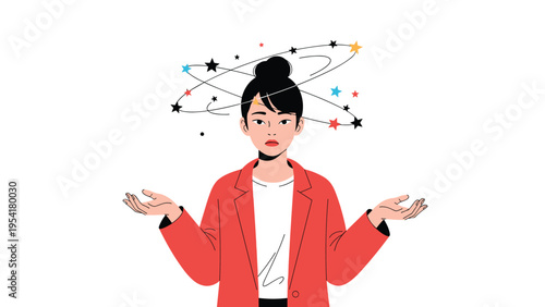 Confused young woman in a red blazer has stars and swirling lines spinning around her head indicating dizziness, shock, or a migraine.