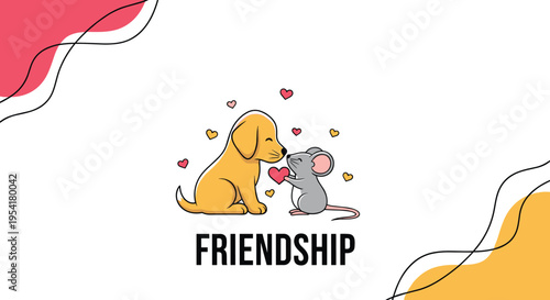 Heartwarming illustration of a golden dog and a grey mouse sharing a pink heart with friendship text below them.