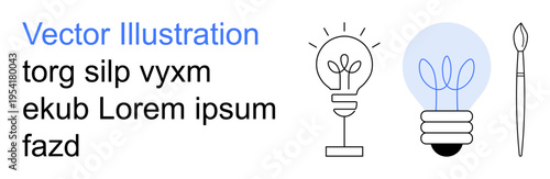 Innovation, creativity, energy ideas, graphic design, invention, artistic inspiration. Lightbulbs with plants and creative design elements. Innovation and creativity for graphic design and ideas