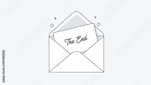 Open white envelope contains a small card with the words the end written in elegant cursive script against a clean, light background.