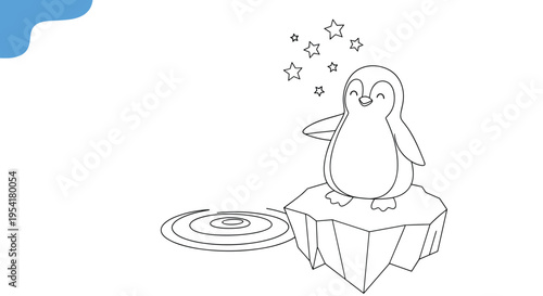 Black and white line art coloring page of a happy penguin standing on an ice floe surrounded by twinkling stars.