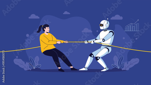 Strong young woman and a sleek white robot engage in a competitive tug of war over a yellow rope against a dark blue background.