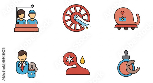 Collection of six unique flat design icons representing various concepts.