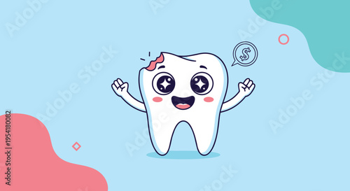 Cheerful tooth character with a broken crown and a dollar sign bubble depicting dental costs and professional care.
