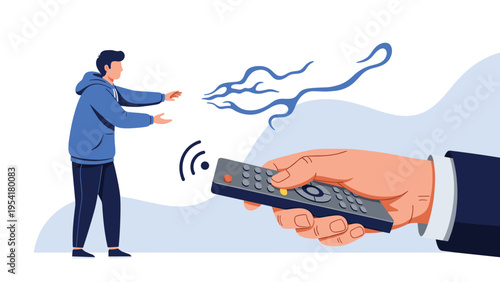 Giant business hand uses a remote control to manipulate and direct the movements of a young man as if he were a controlled machine.
