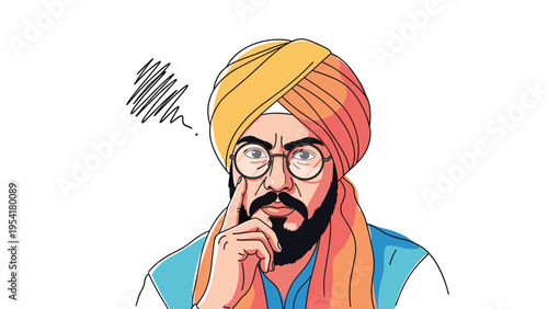 Distinguished Indian man wearing a turban and glasses looks thoughtfully with a scribbled thought cloud representing confusion or ideas.
