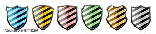 Set of striped heraldic shields in different colors. Decorative badge emblems for gaming, branding and security concept
