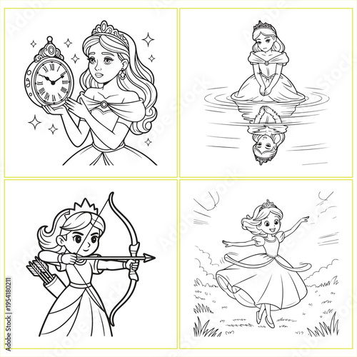 Four line of princesses holding a clock, sad by water, with a bow and arrow, and dancing outdoors