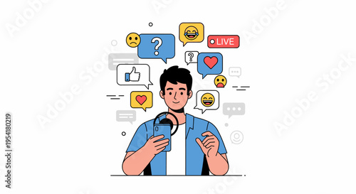 Young man engaging with social media for digital communication and content creation.