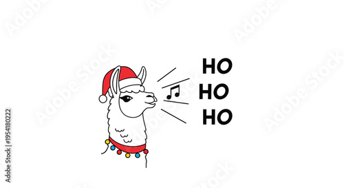 Festive Christmas llama wearing a red Santa hat and a colorful pom pom necklace while saying Ho Ho Ho with music notes.