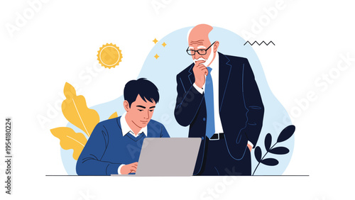 Experienced older businessman in a suit mentors a young male employee while they both look at a laptop screen together in a modern office.