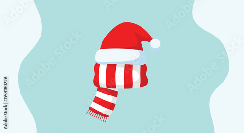 Classic winter clothing set featuring a red and white Santa Claus hat paired with a matching striped wool scarf on blue.