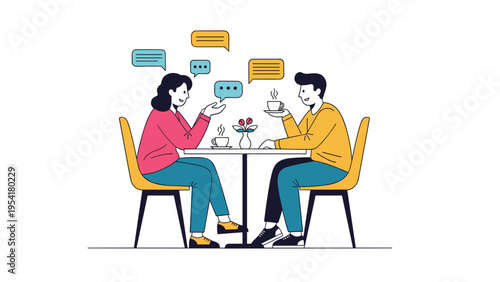 Friendly man and woman sit at a small cafe table and enjoy coffee while having a lively conversation with multiple speech bubbles.