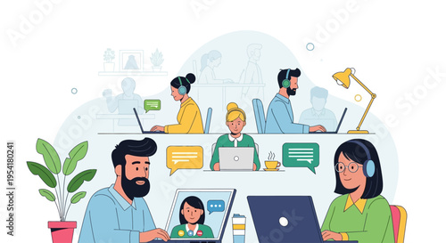 People working and collaborating remotely in a modern hybrid office environment.