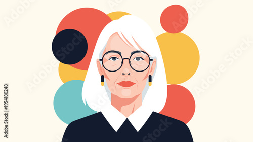 Sophisticated senior woman with white hair and round glasses looks directly at the camera against a colorful abstract circle background.