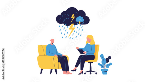 Patient speaks with a female therapist while a dark storm cloud with rain and lightning floats above their heads as a mental health metaphor.