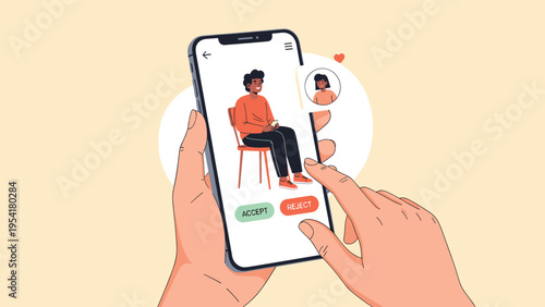 Hands hold a smartphone displaying a dating app profile of a man with green and red buttons to accept or reject the potential match.