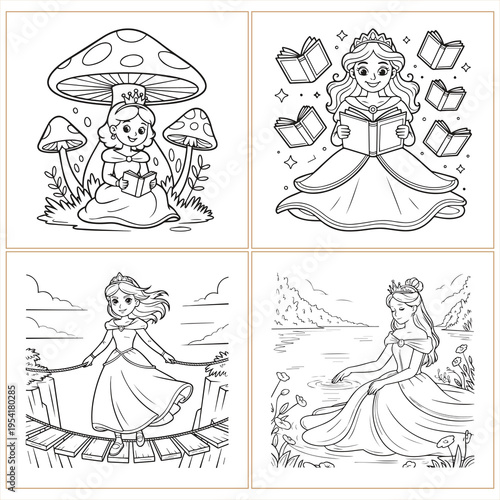 Four cartoon princess reading books crossing bridge and by water coloring book
