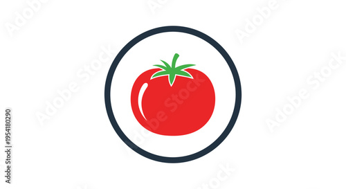 Simple organic tomato illustration featuring a ripe red fruit with a green stem inside a dark circular border frame.