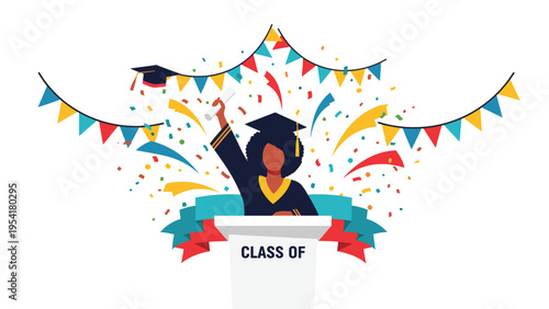 Young graduate in a cap and gown stands at a podium celebrating with a raised diploma amidst falling confetti and colorful banners.