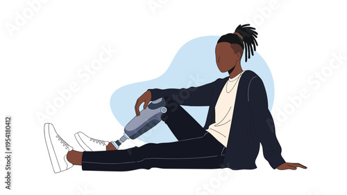 Young person with a prosthetic leg sits on the floor while wearing casual clothes and looking forward with confidence and strength.
