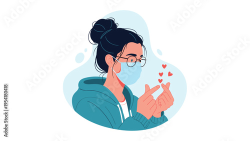 Young woman wearing a medical mask and glasses makes a small heart shape with her fingers while several small red hearts float nearby.
