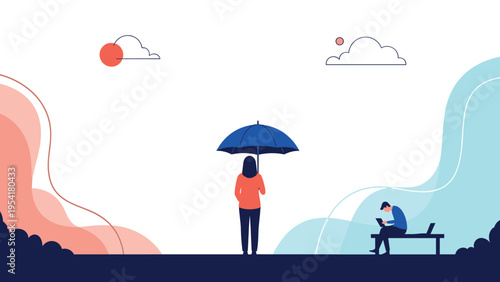 Lone woman with a blue umbrella stands in the middle of a path while a man sits on a nearby bench working on his laptop in a park.