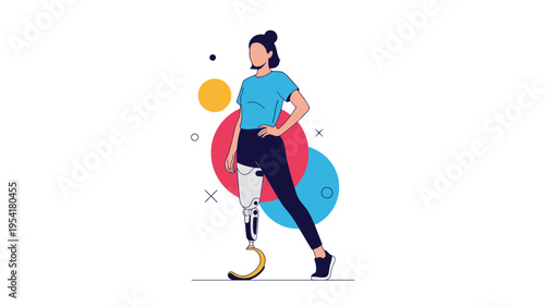Proud young woman with a prosthetic running blade stands confidently against a colorful background with abstract geometric shapes.