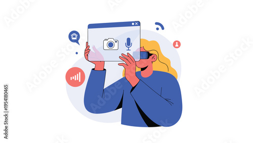 Tech savvy woman uses a virtual reality headset to interact with digital icons like cameras and microphones in a futuristic space setting.
