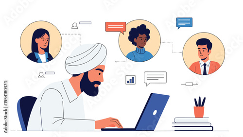 Professional man in a turban works on a laptop while being connected to several colleagues via circular video call icons on the screen.