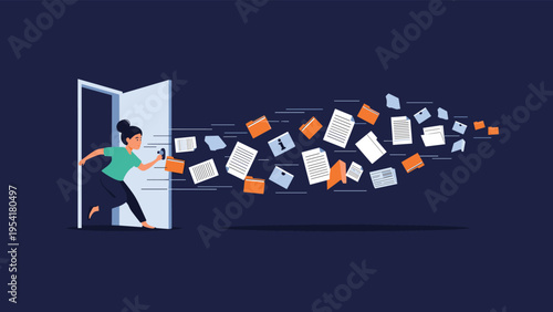 Stressed young woman runs quickly out of an open office door while a stream of folders and paper documents flies after her in chaos.