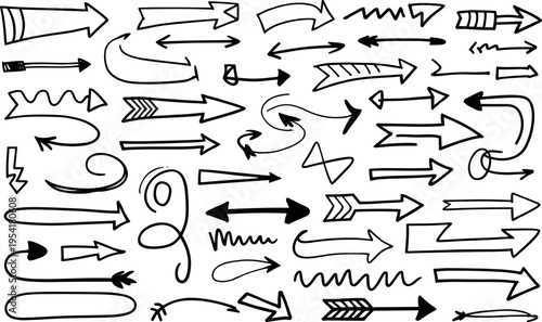 Hand drawn black and white arrows direction flow chart sketch set isolated seamless vector illustration