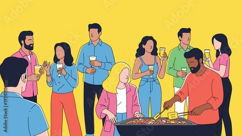 Large group of friends gather at a summer barbecue party while enjoying cold drinks and grilled food against a bright yellow background.