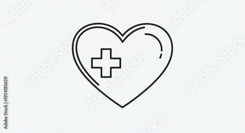 Simple Line Drawing of a Heart with a Medical Cross Inside.