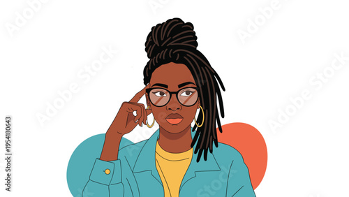 Thoughtful young African American woman with glasses and dreadlocks touches her head while thinking deeply against an abstract background.