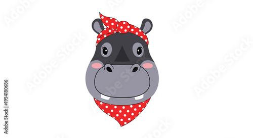 Hippo character wearing a red and white polka dot bandana and bow on its head while smiling on a white background.