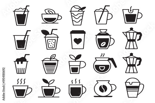 Coffee and tea icons collection set of beverage symbols for cafe menu restaurant branding drink preparation and kitchenware line art design