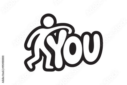 Funny graphic design artwork depicting abstract human figure making rude gesture beside bold word you