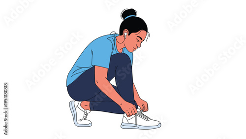 Athletic young woman in fitness wear crouches down to tie the laces of her sneakers before starting a morning workout.