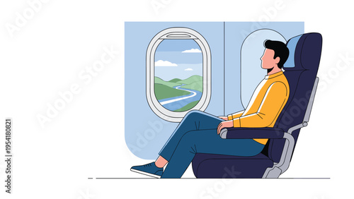 Relaxed male passenger sits in an airplane seat looking through the window at the beautiful green landscape and river.