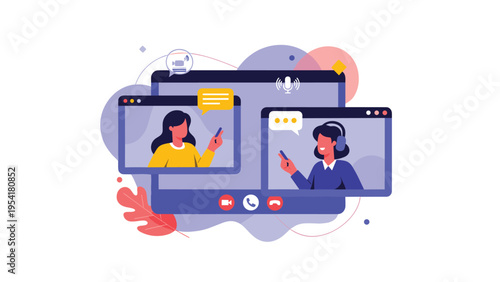 Professional video conference interface showing multiple women engaged in a virtual business meeting with chat bubbles.