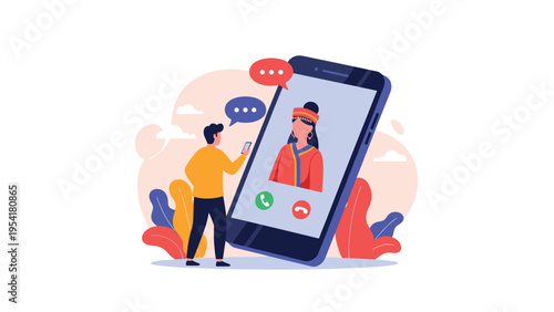 Small man makes a video call to a woman in traditional cultural attire displayed on a giant mobile smartphone screen.