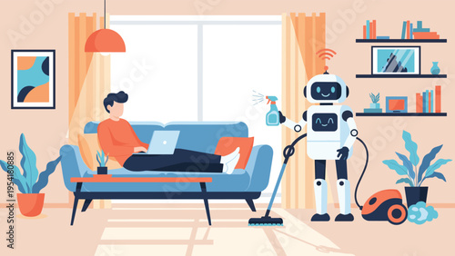 Man relaxes on a sofa with his laptop while a smart household robot performs chores like vacuuming and cleaning floors.