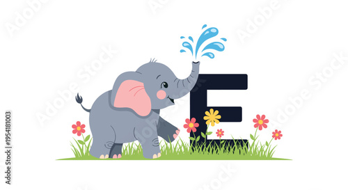 Cute grey elephant spraying water from its trunk next to a large letter E in a field of colorful flowers on white.