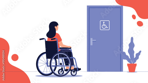 Disabled woman in a wheelchair approaches a blue door with an international symbol for an accessible public restroom.