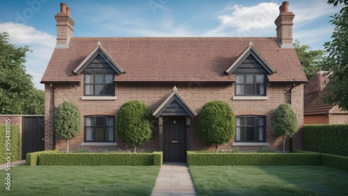 A beautiful brick house with a well-manicured lawn and garden