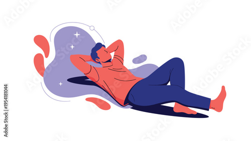 Relaxed young man lies on the floor with his hands behind his head resting against an abstract purple and red background.