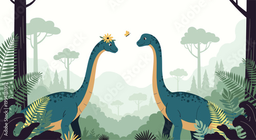 Two long neck dinosaurs facing each other in a lush green prehistoric forest with a small butterfly flying between them.