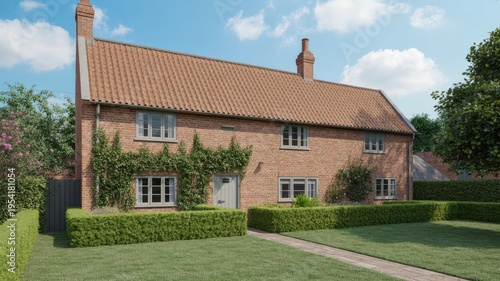 A charming two-story brick house with a well-manicured lawn and garden