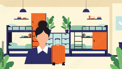 Female traveler with a bun stands with her orange suitcase in a clean hostel dorm room featuring several bunk beds.